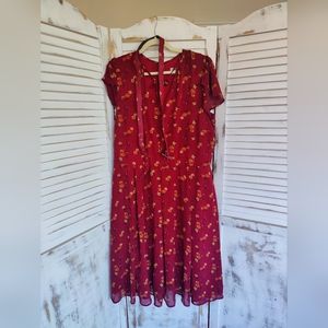 Red Fall Floral Dress with Pockets